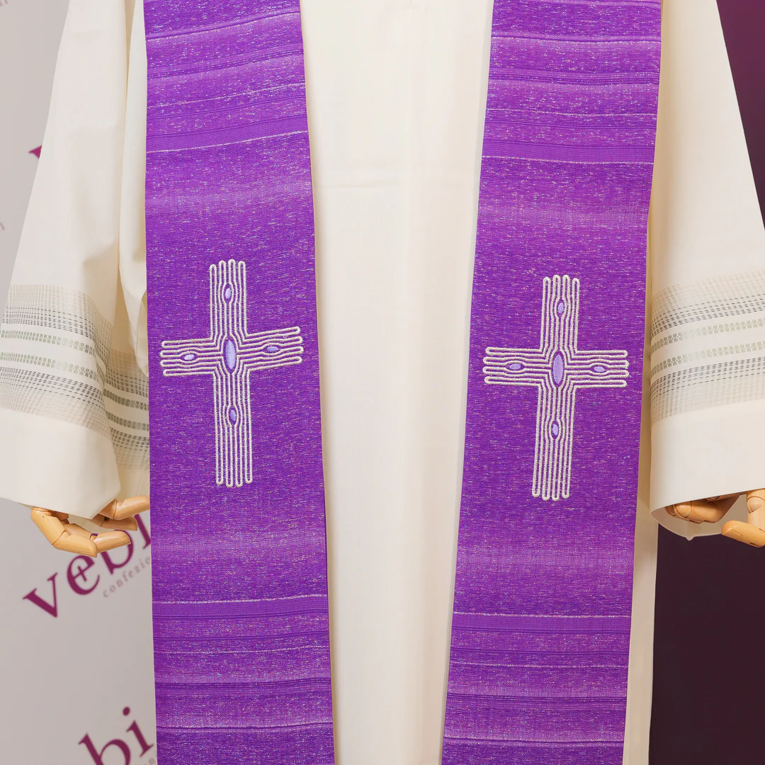 Stola in Lana-Seta e Lurex con Croce Effetto Legno (Disponibile Colori Liturgici) - immagine 3