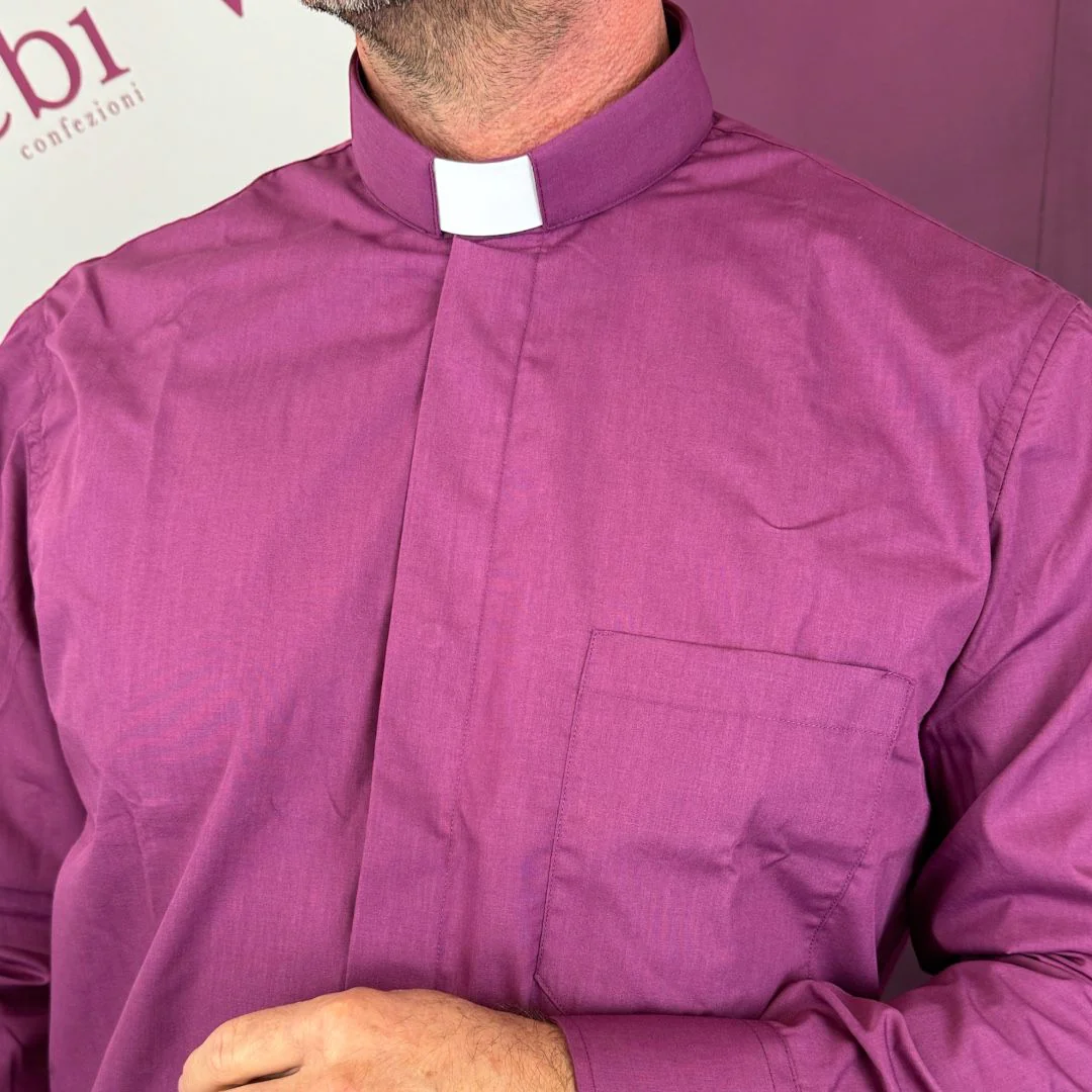 Camicia da Sacerdote Manica Lunga Collo Clergy Viola Misto Cotone - immagine 3